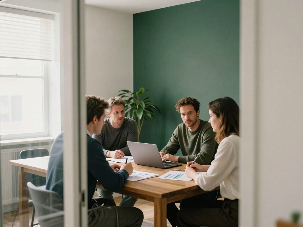 Business consultants collaborating on data and strategy during a focused review session
